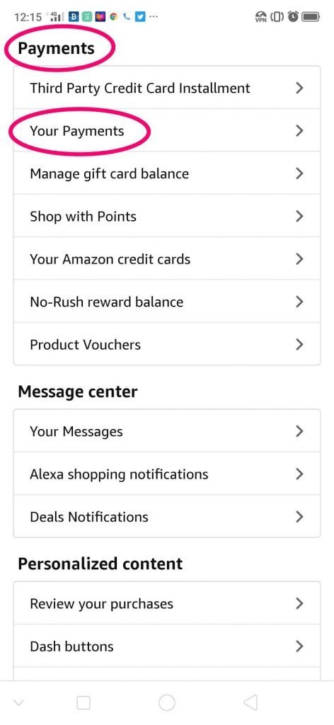 payments section in amazon